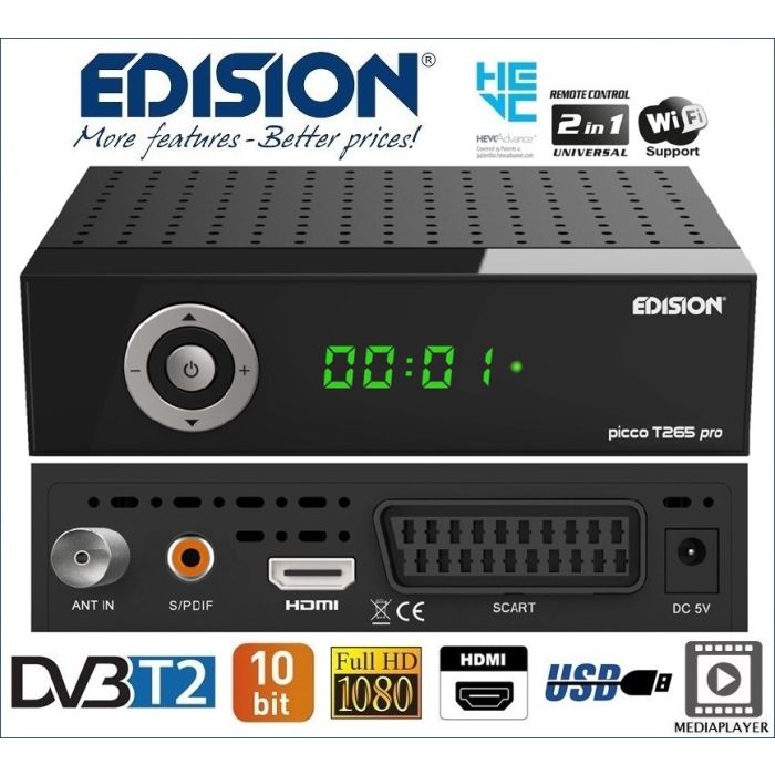 EDISION PICCO T265 PRO Terrestre DVB-T2 FULL HD H.265 HEVC 10 bit - DECODER